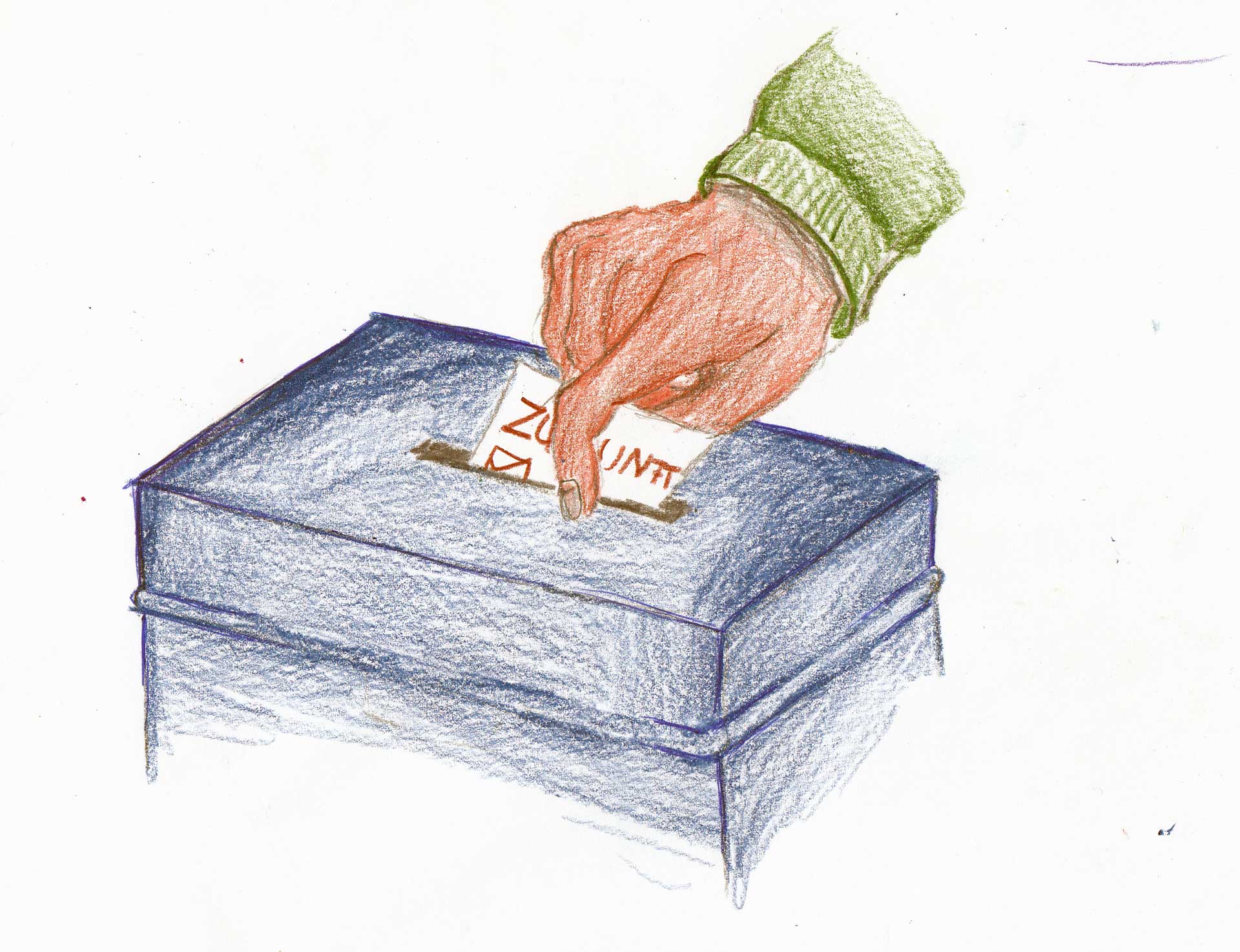 Zeichnung einer Wahlurne von einem  Schüler bei der Demokratielandschaft Tirol